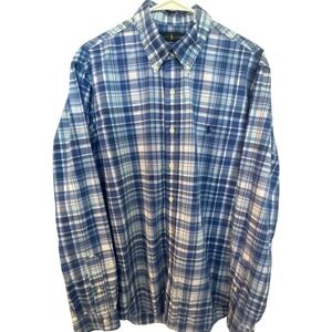 Ralph Lauren Mens Blue Plaid Button Down Shirt 100% Cotton Stretch Large L